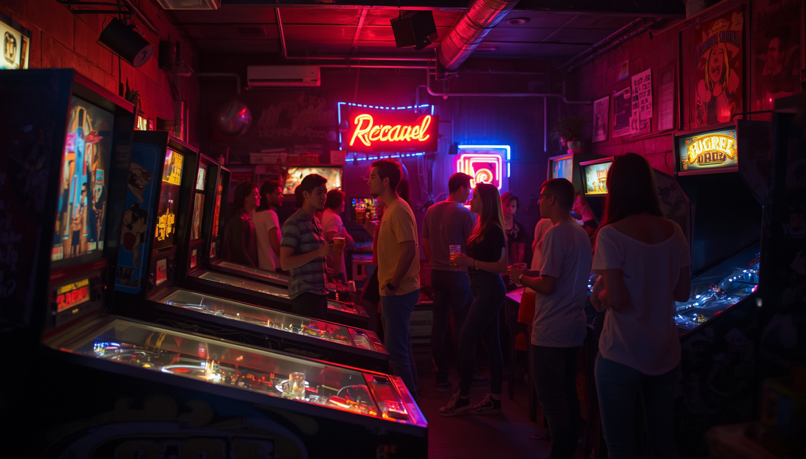 Flipper- und Retro-Arcade-Bar in Duisburg, Neon-Spielautomaten