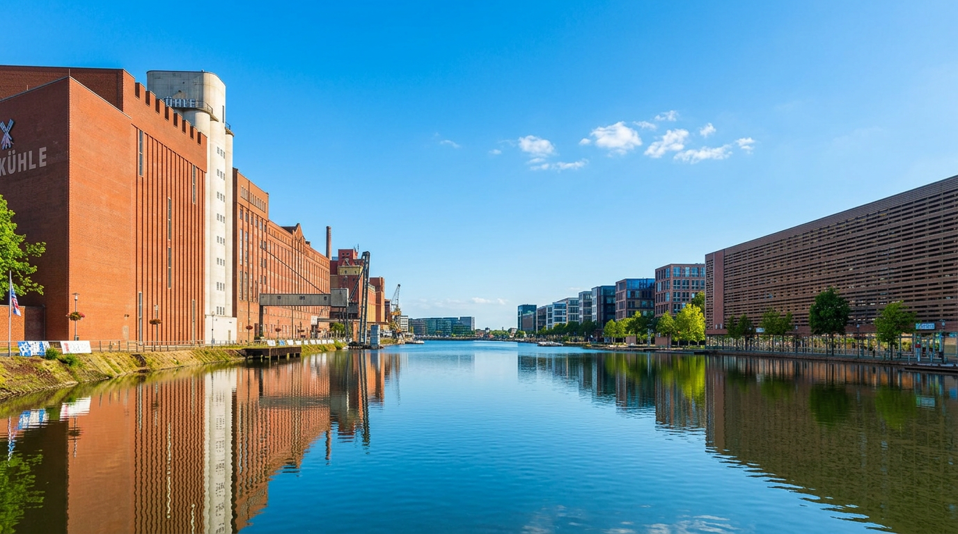 Duisburger Innenhafen, Promenade mit Hafenarchitektur